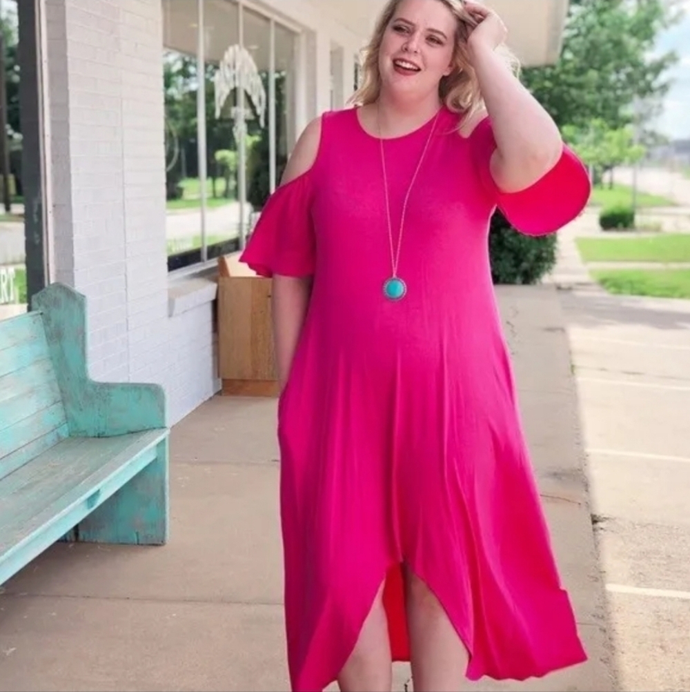 Hi Low Cold Shoulder Maxi Dress in Hot Pink Short‎ Sleeves New